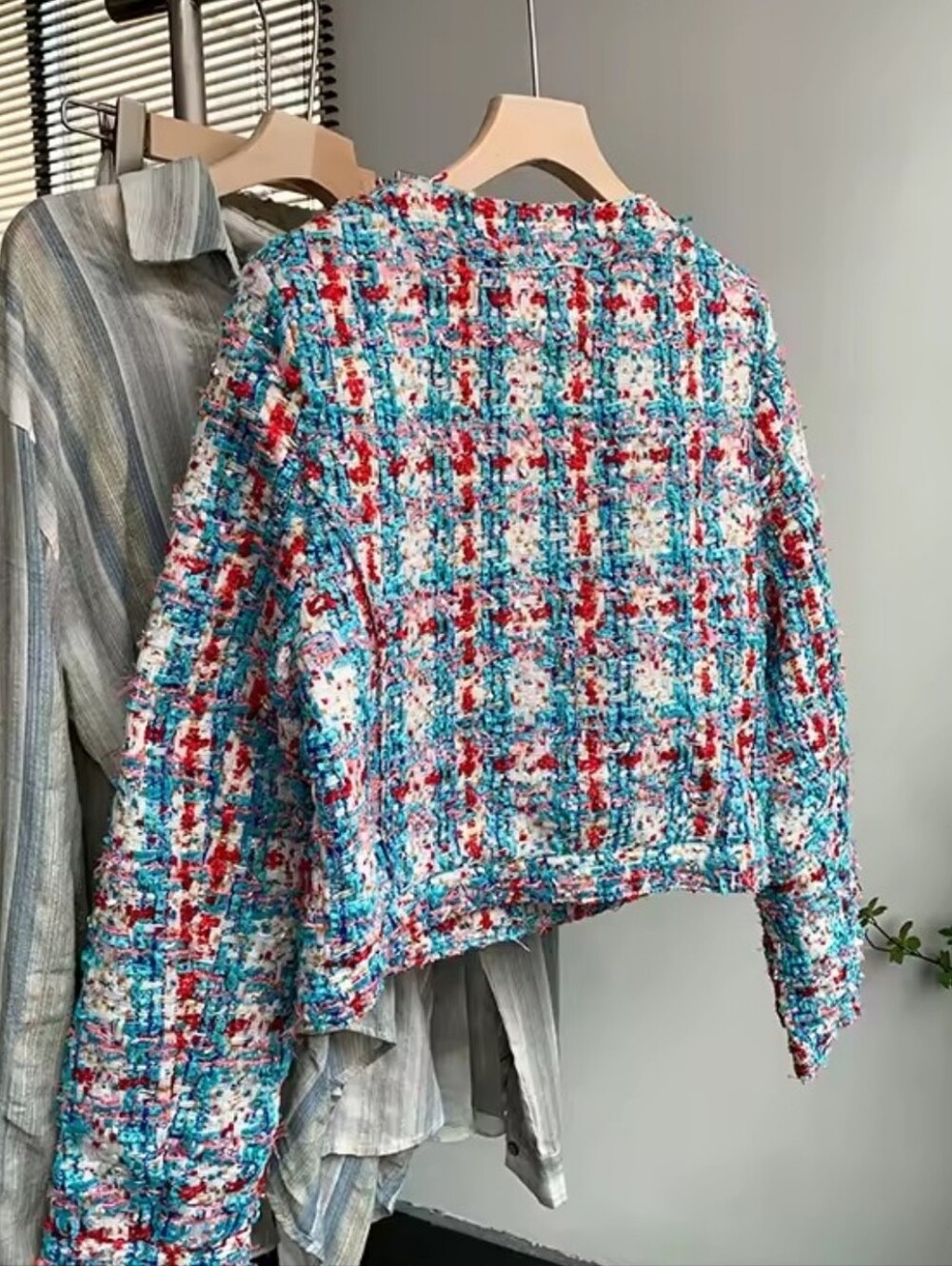 Multicolor Tweed Jacket - Women's Short Boxy Coat - Picture 7 of 7